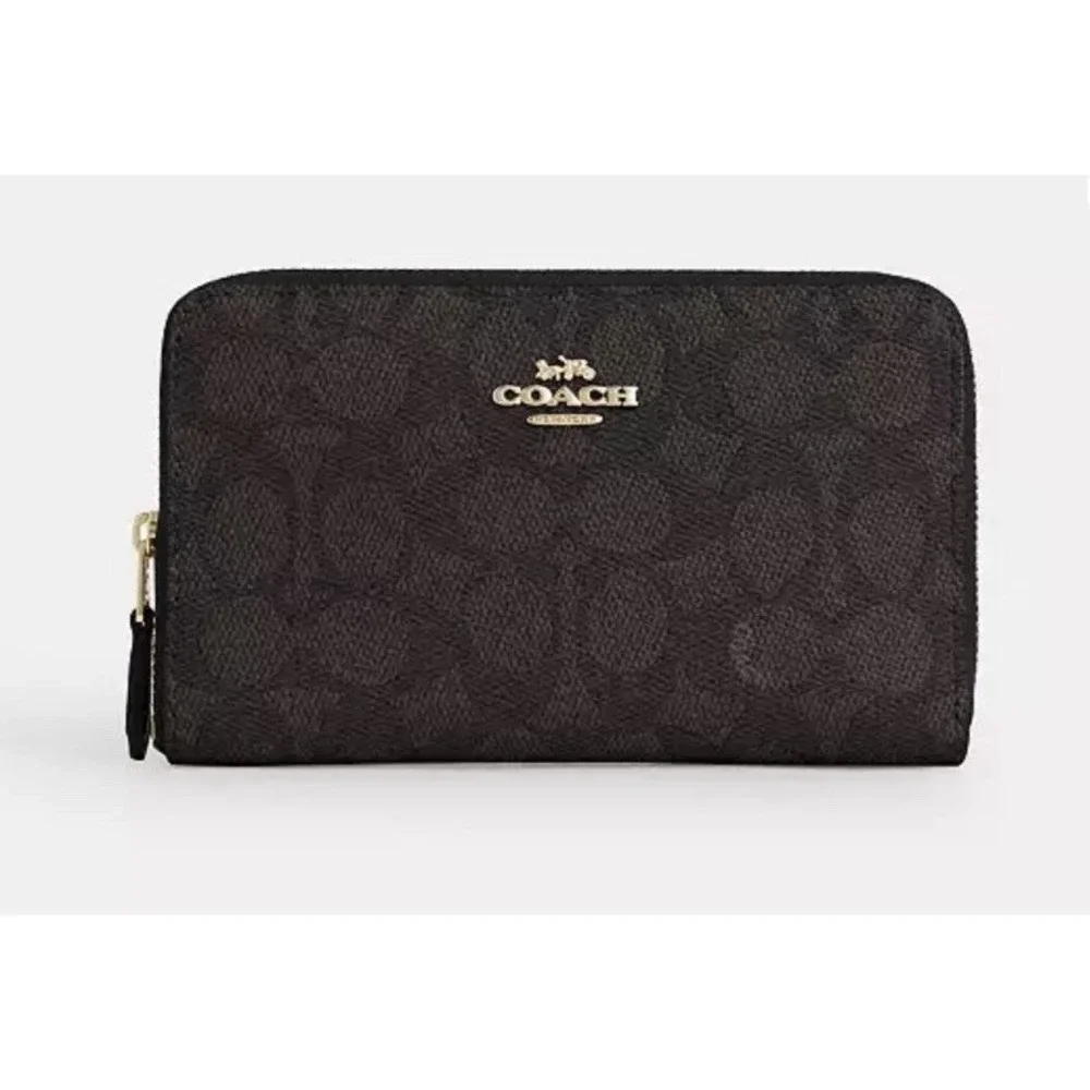 Coach Medium Id Zip Wallet In‎ Signature Canvas Black & Brown New 228$